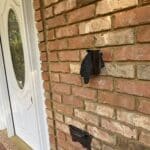 Ring doorbell camera and exterior electrical outlet covered during a house soft wash