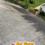 Close-up of a shingle roof in Killearn Lakes, Tallahassee, Florida, showing significant algae growth being actively removed by a professional soft washing process.