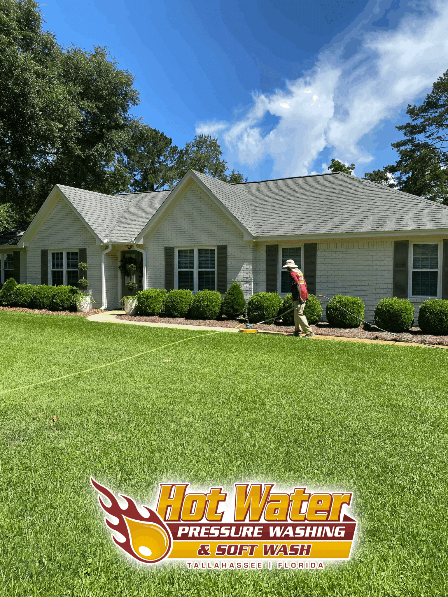 A technician pressure washing a concrete walkway to remove dirt and algae in the Quail Rise neighborhood of Bradfordville, Florida.