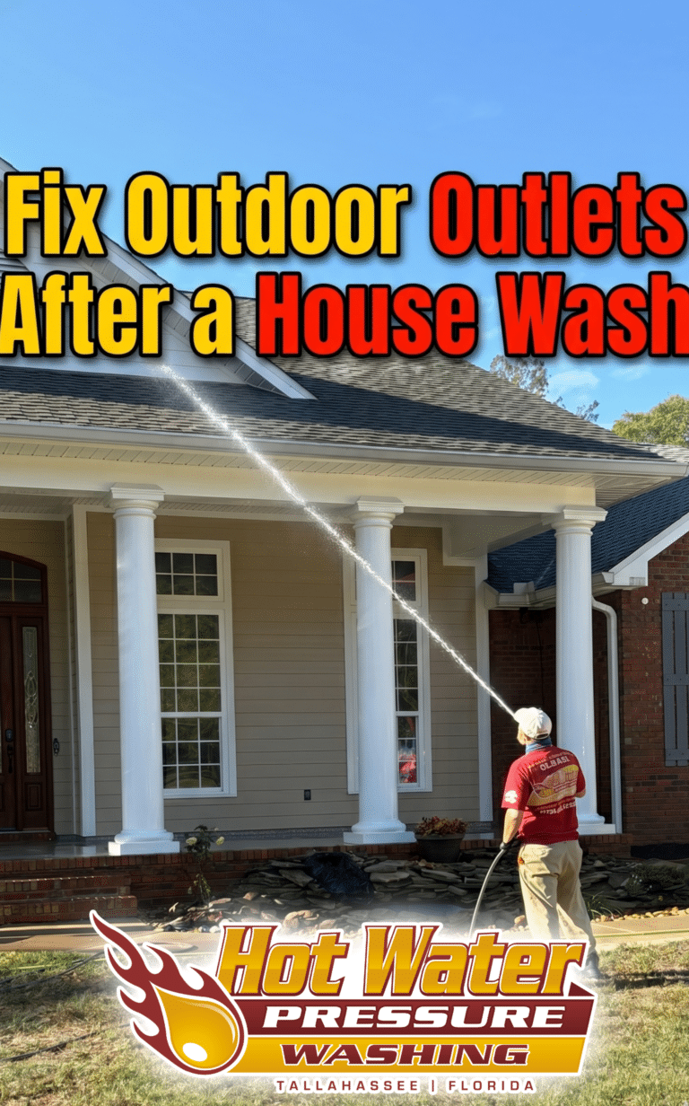 Cover art for blog post, text that reads "Fix Outdoor Outlets After a House Wash."